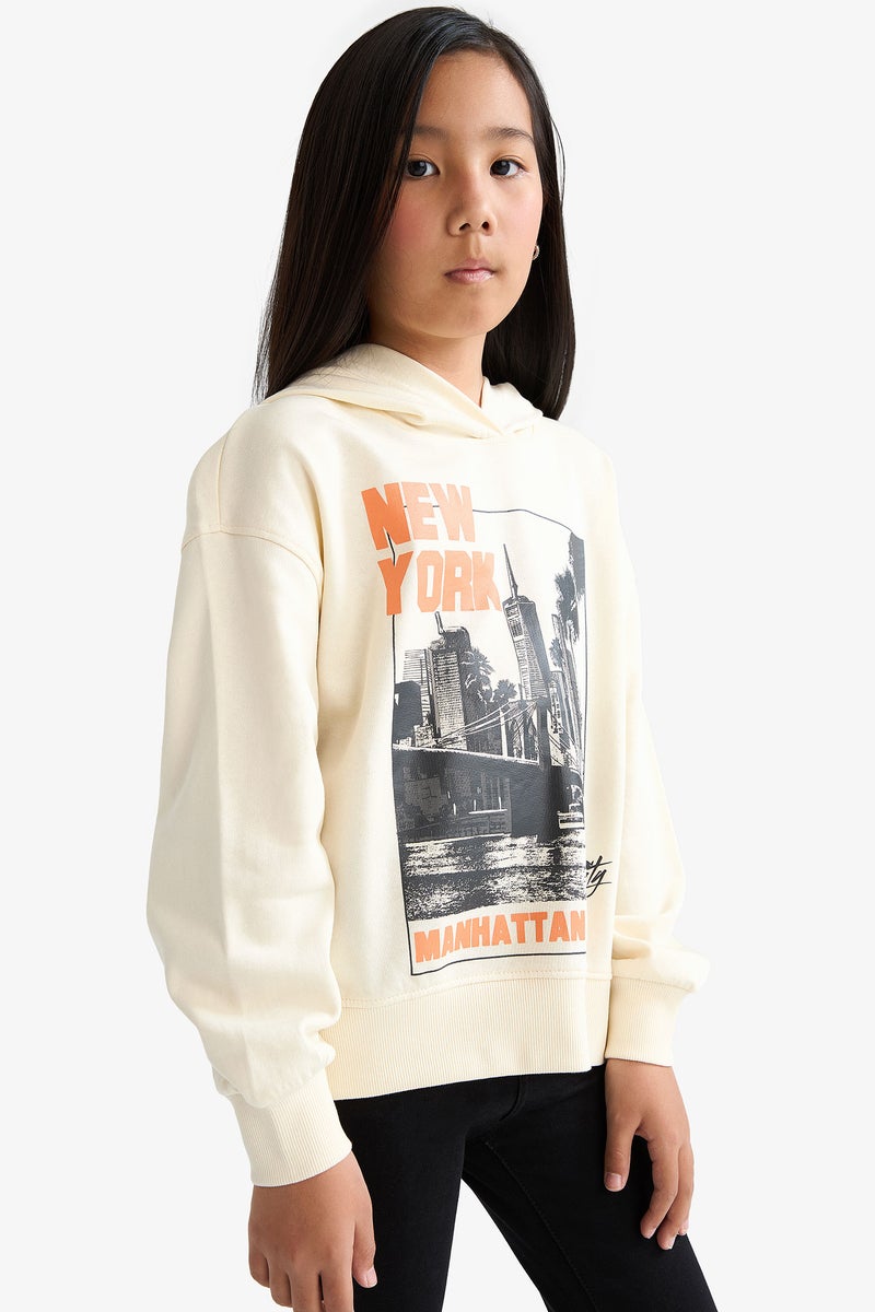 DeFacto Beige Girl Girl Oversize Fit Crew Neck Animal Printed Thick Fabric Sweatshirt Casual - Image 4